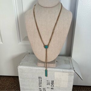 Gold tone faux turquoise y lariat lanyard necklace bar pendant layering